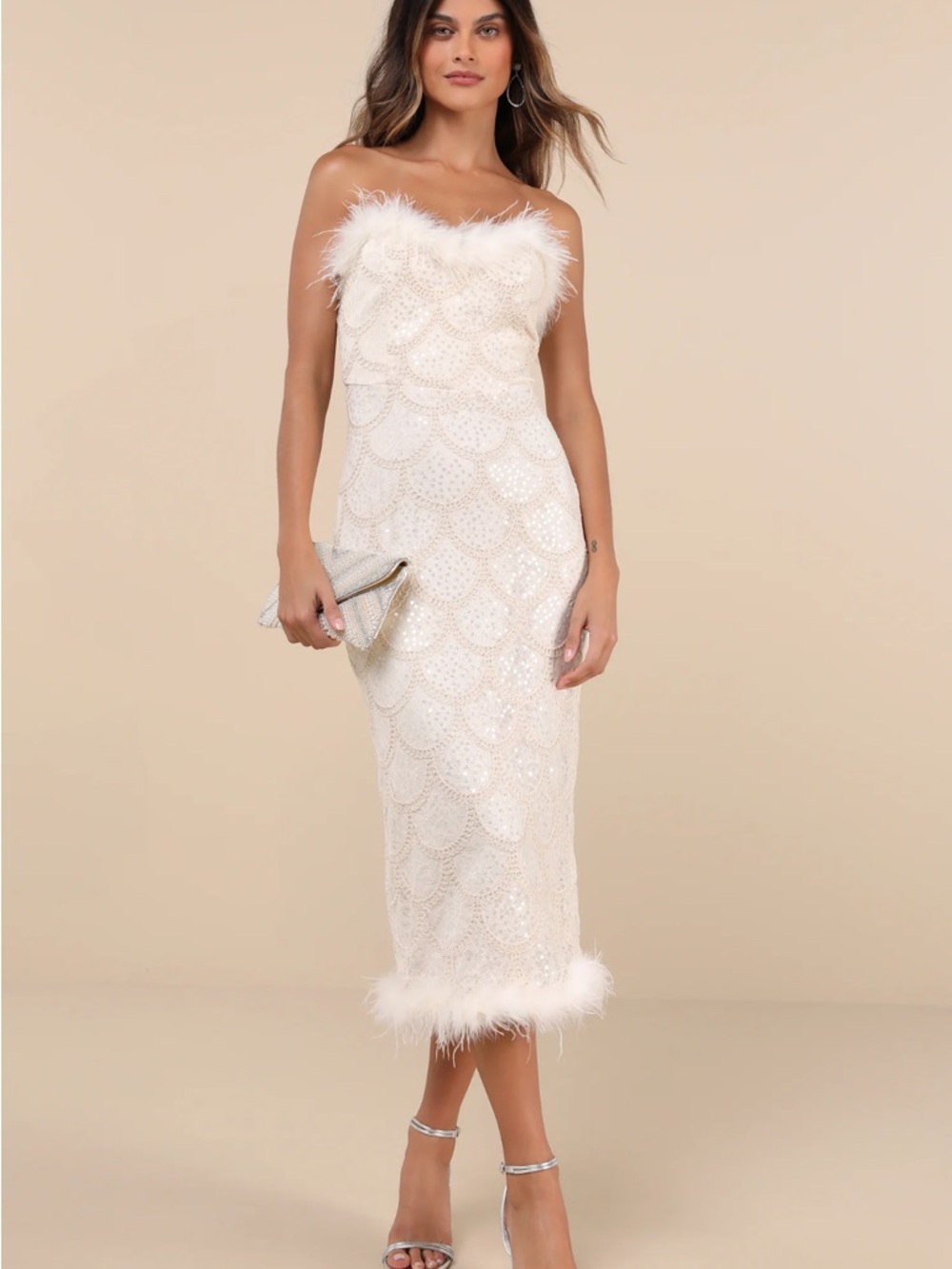 Lulus Uniquely Confident Cream Lace Feather Strapless Midi Dress White - Size M